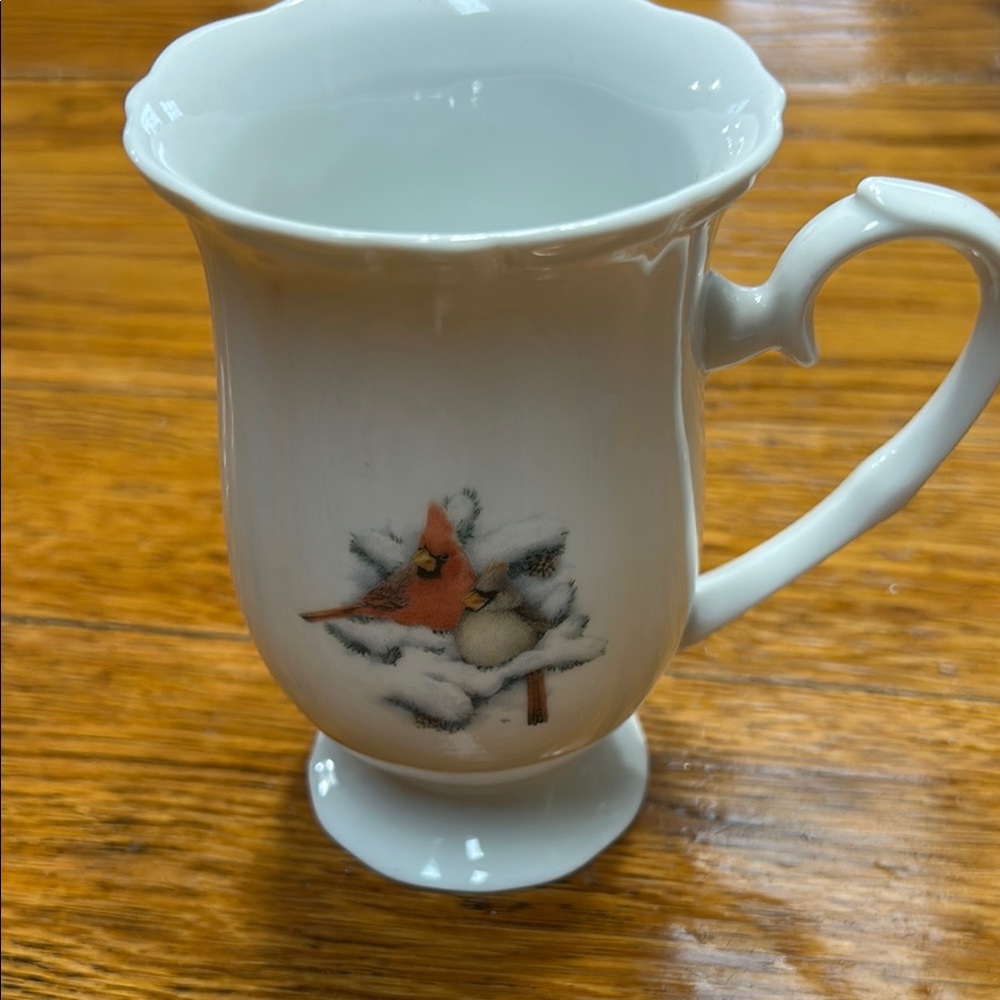 Shafford pedestal mug with Christmas cardinals and poinsettia. Vintage.